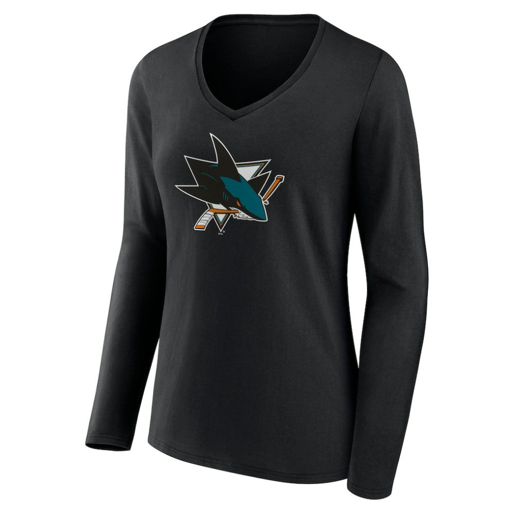 San Jose Sharks Women's Team Logo Long Sleeve V-Neck T-Shirt - Black - NHL 5088133