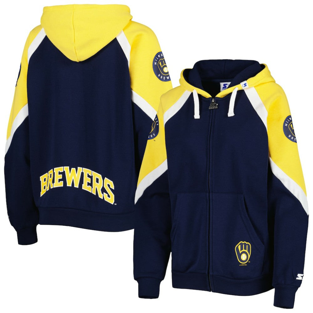 Milwaukee Brewers Starter Women's Hail Mary Full-Zip Hoodie - Navy/Gold - MLB Lifestyle