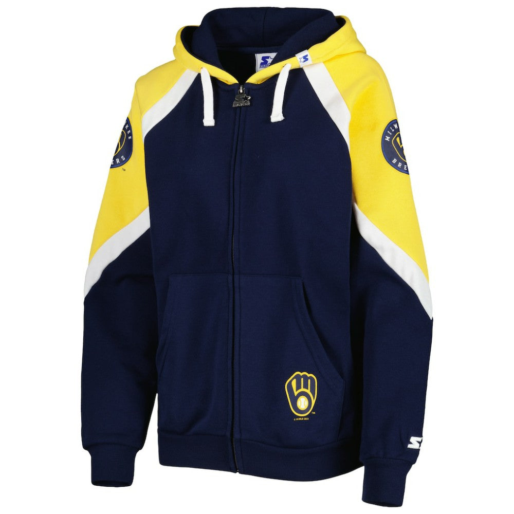 Milwaukee Brewers Starter Women's Hail Mary Full-Zip Hoodie - Navy/Gold - MLB Lifestyle