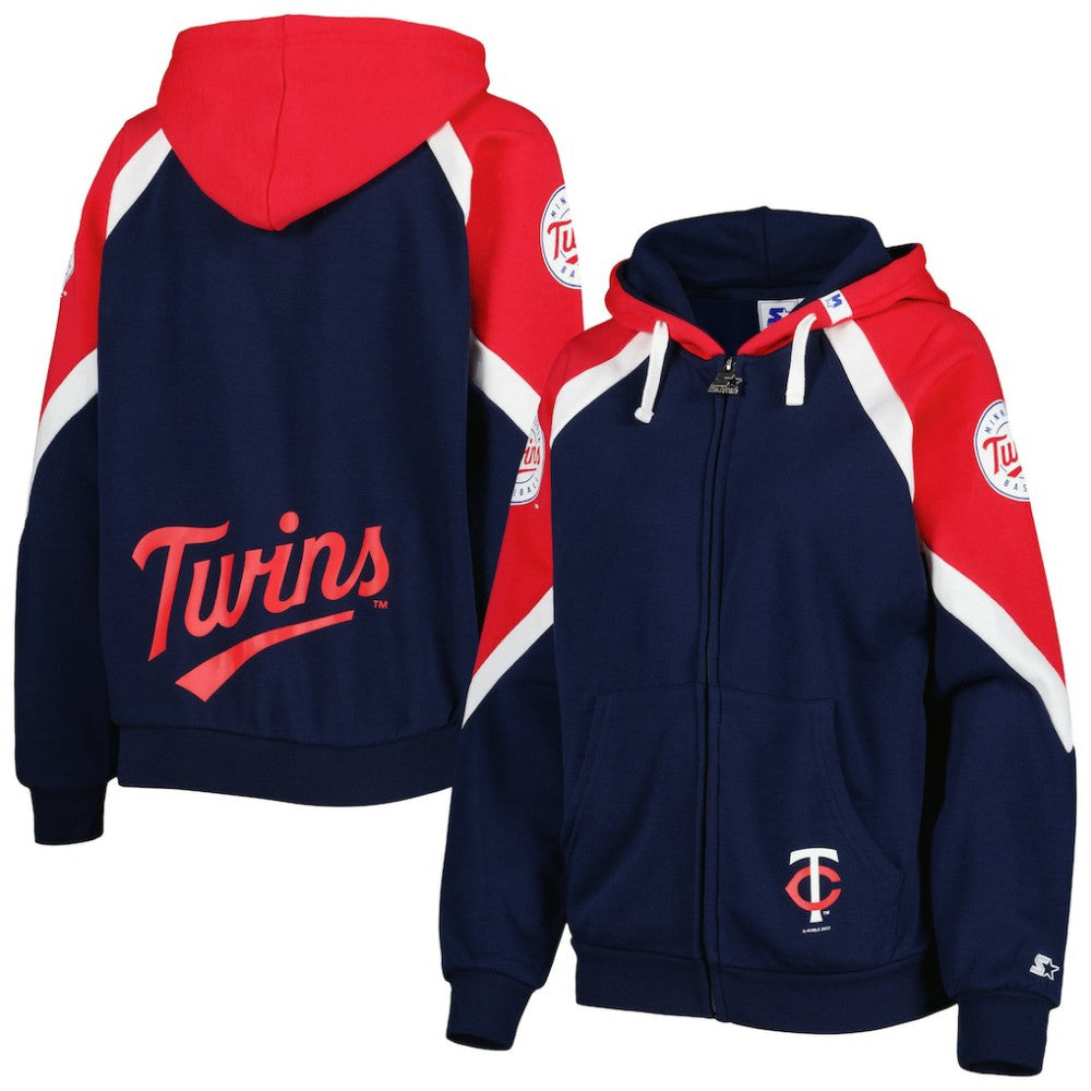 Minnesota Twins Starter Women's Hail Mary Full-Zip Hoodie - Navy/Red - MLB on Sale