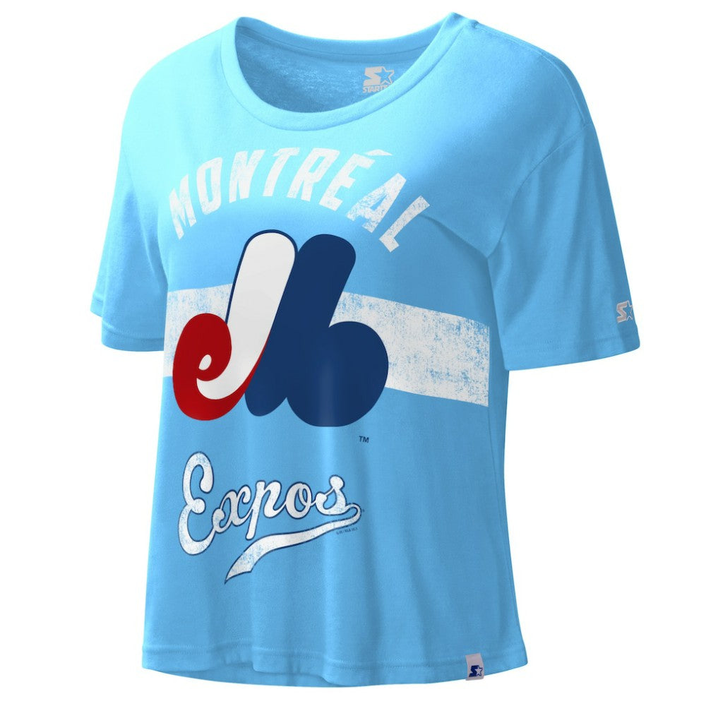 Montreal Expos Starter Cooperstown Collection Women's Record Setter Crop Top - Light Blue - MLB Lifestyle