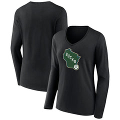 Milwaukee Bucks Women's Alternate Logo V-Neck Long Sleeve T-Shirt Black