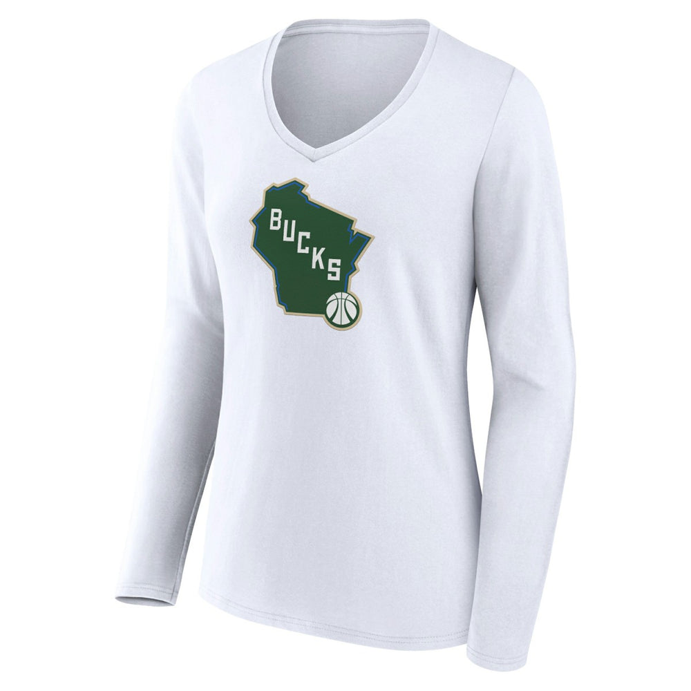 Milwaukee Bucks Women's Alternate Logo V-Neck Long Sleeve T-Shirt White