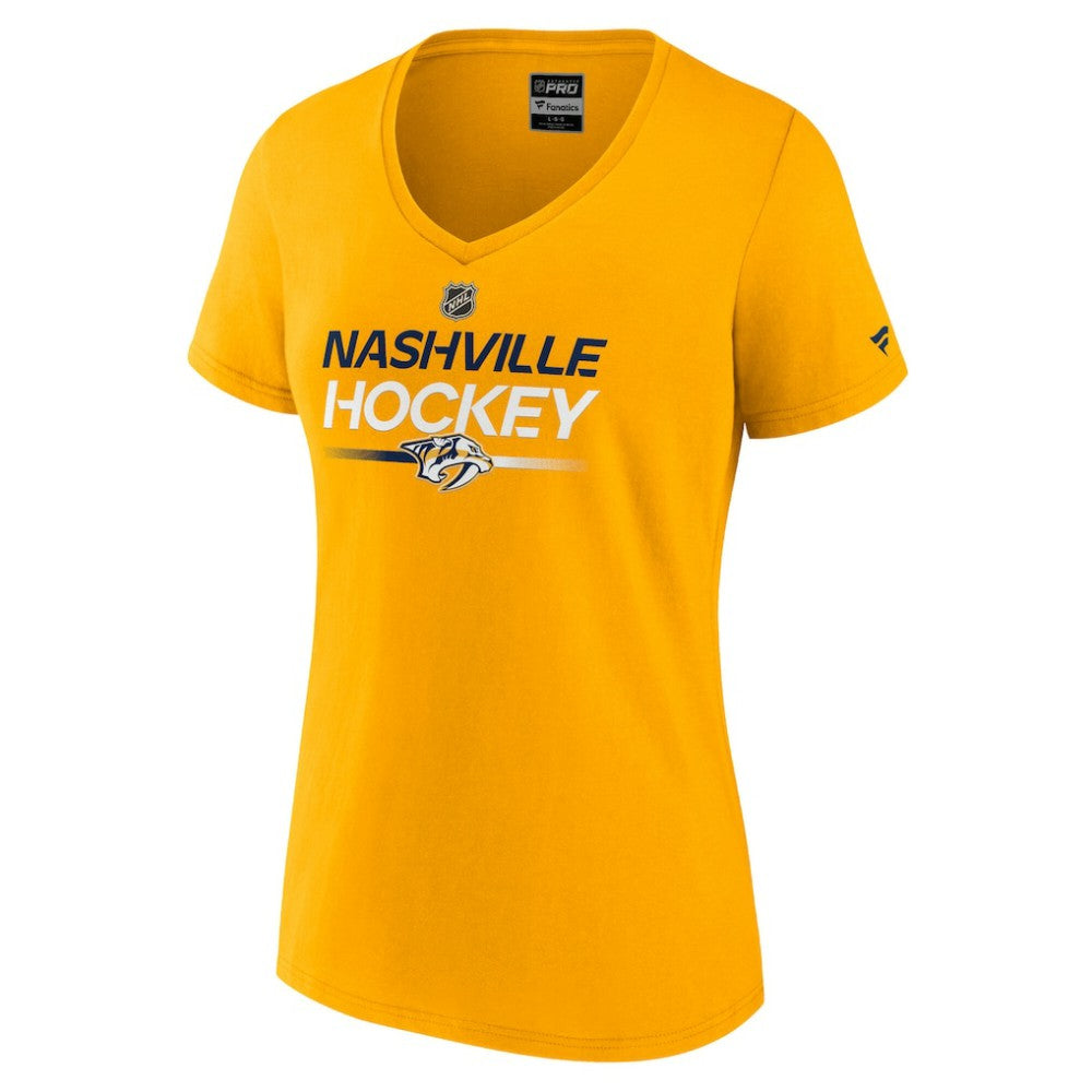 Nashville Predators Fanatics Women's Authentic Pro Primary V-Neck T-Shirt - Gold - NHL 5105352
