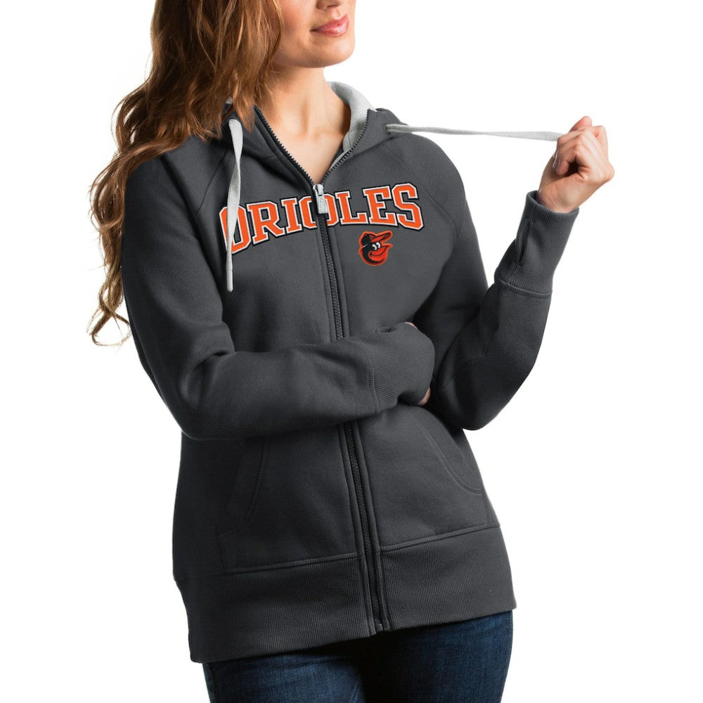 Baltimore Orioles Antigua Women's Team Logo Victory Full-Zip Hoodie - Charcoal - MLB Lifestyle