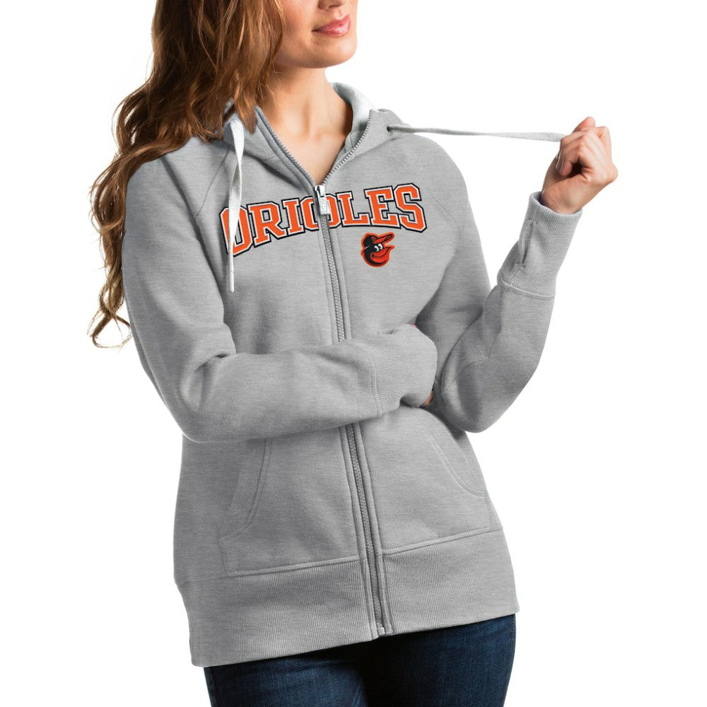 Baltimore Orioles Antigua Women's Team Logo Victory Full-Zip Hoodie - Heather Gray - MLB Discount