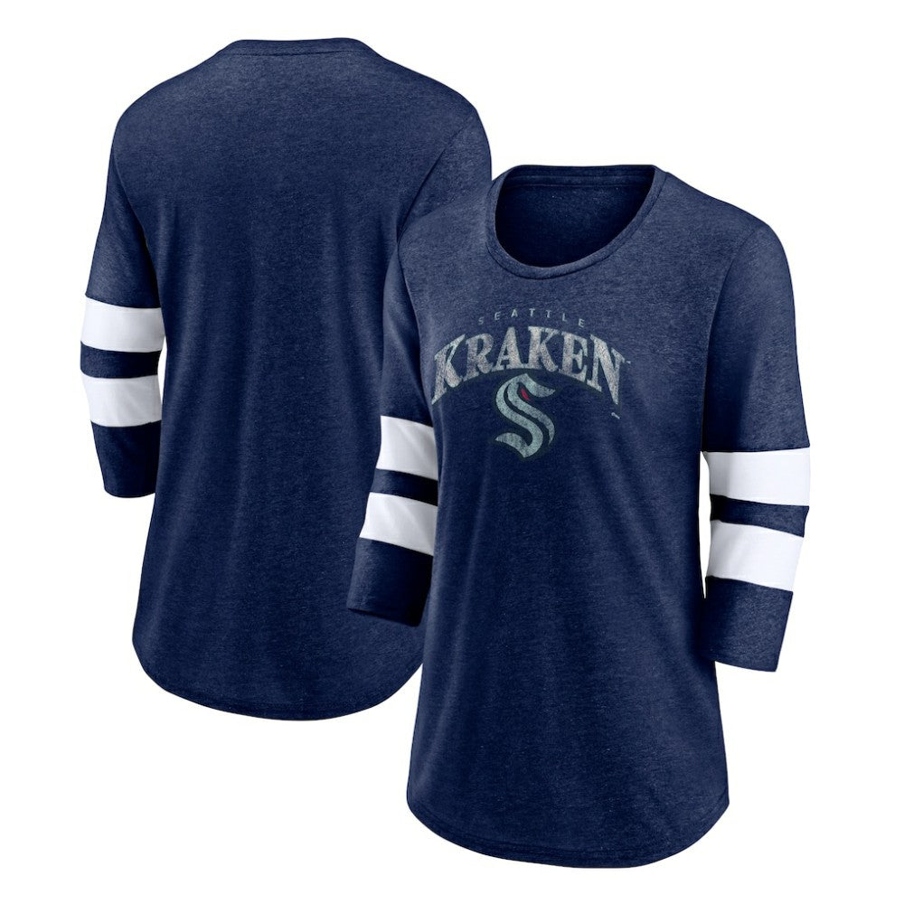 Seattle Kraken Fanatics Women's Special Edition 2.0 Barn Burner 3/4 Sleeve T-Shirt - Heather Deep Sea Blue - NHL 5114176