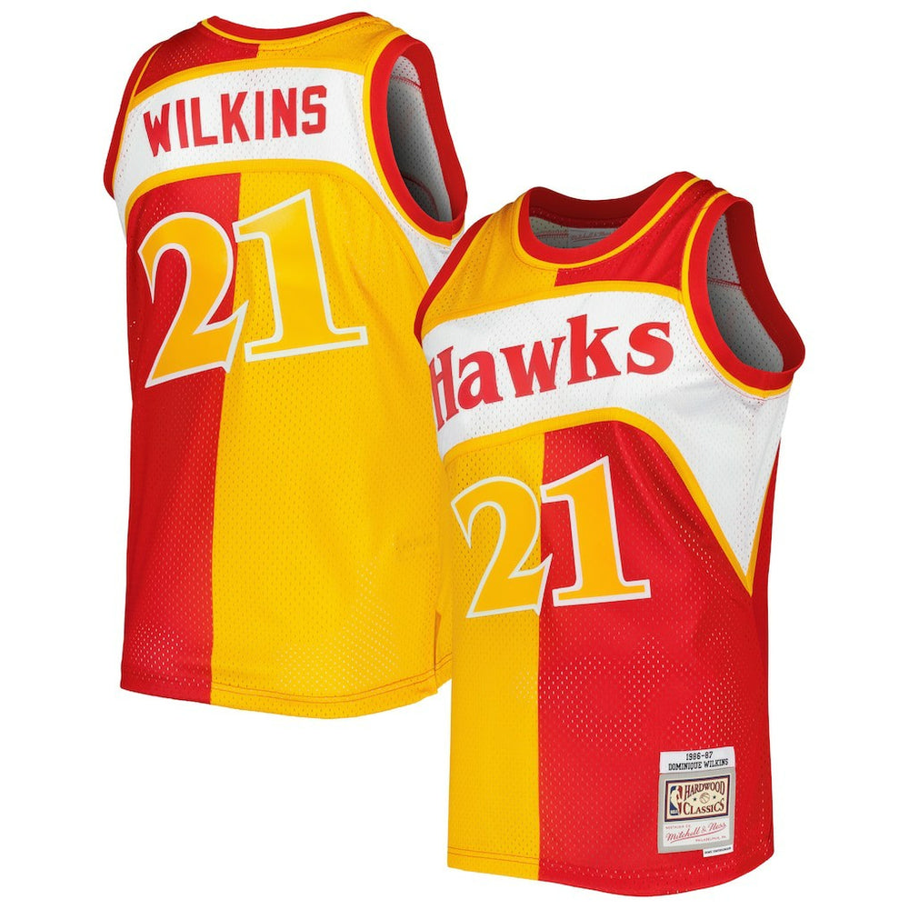 Dominique Wilkins Atlanta Hawks Hardwood Classics 1986/87 Split Swingman Jersey Yellow/Red | Mitchell & Ness