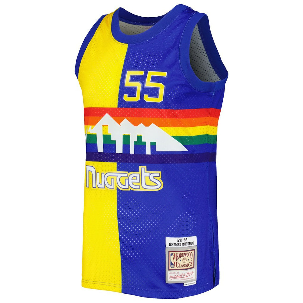 Dikembe Mutombo Denver Nuggets Hardwood Classics 1991/92 Split Swingman Jersey for sale Royal/Gold | Mitchell & Ness for sale