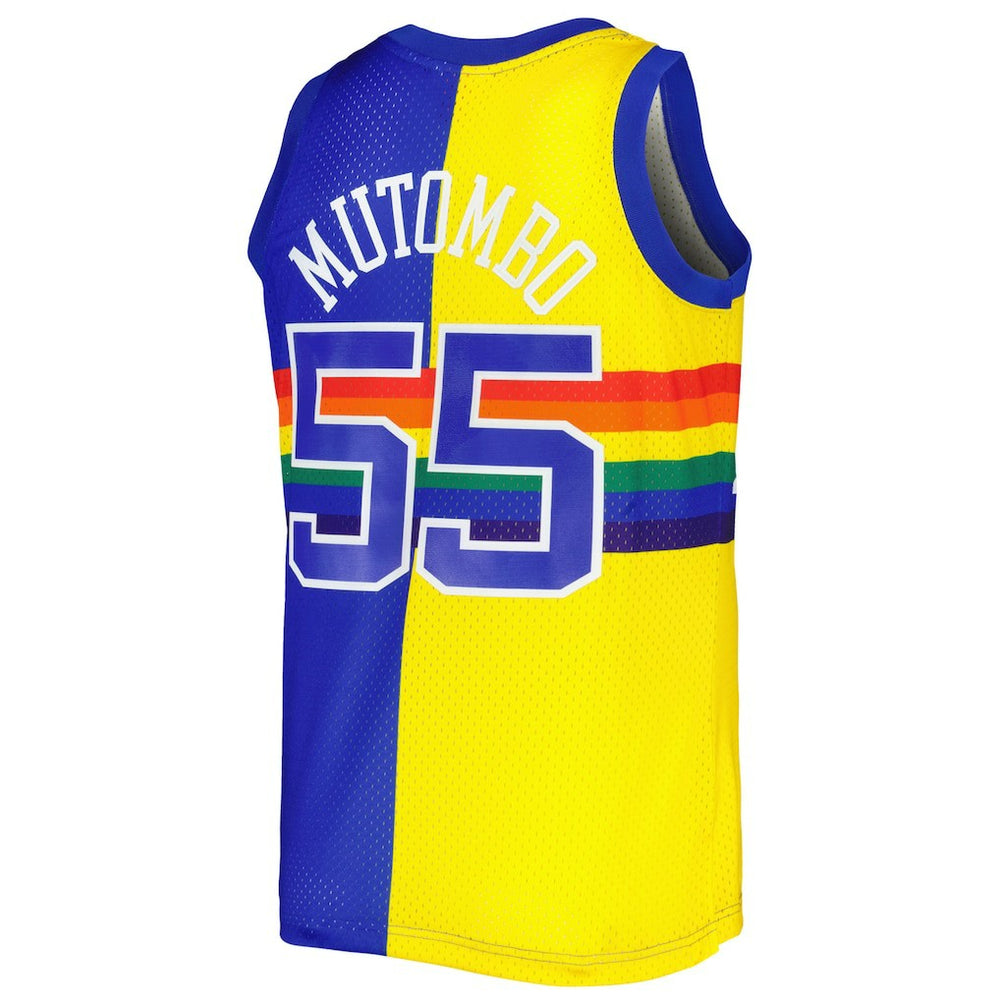 Dikembe Mutombo Denver Nuggets Hardwood Classics 1991/92 Split Swingman Jersey for sale Royal/Gold | Mitchell & Ness for sale