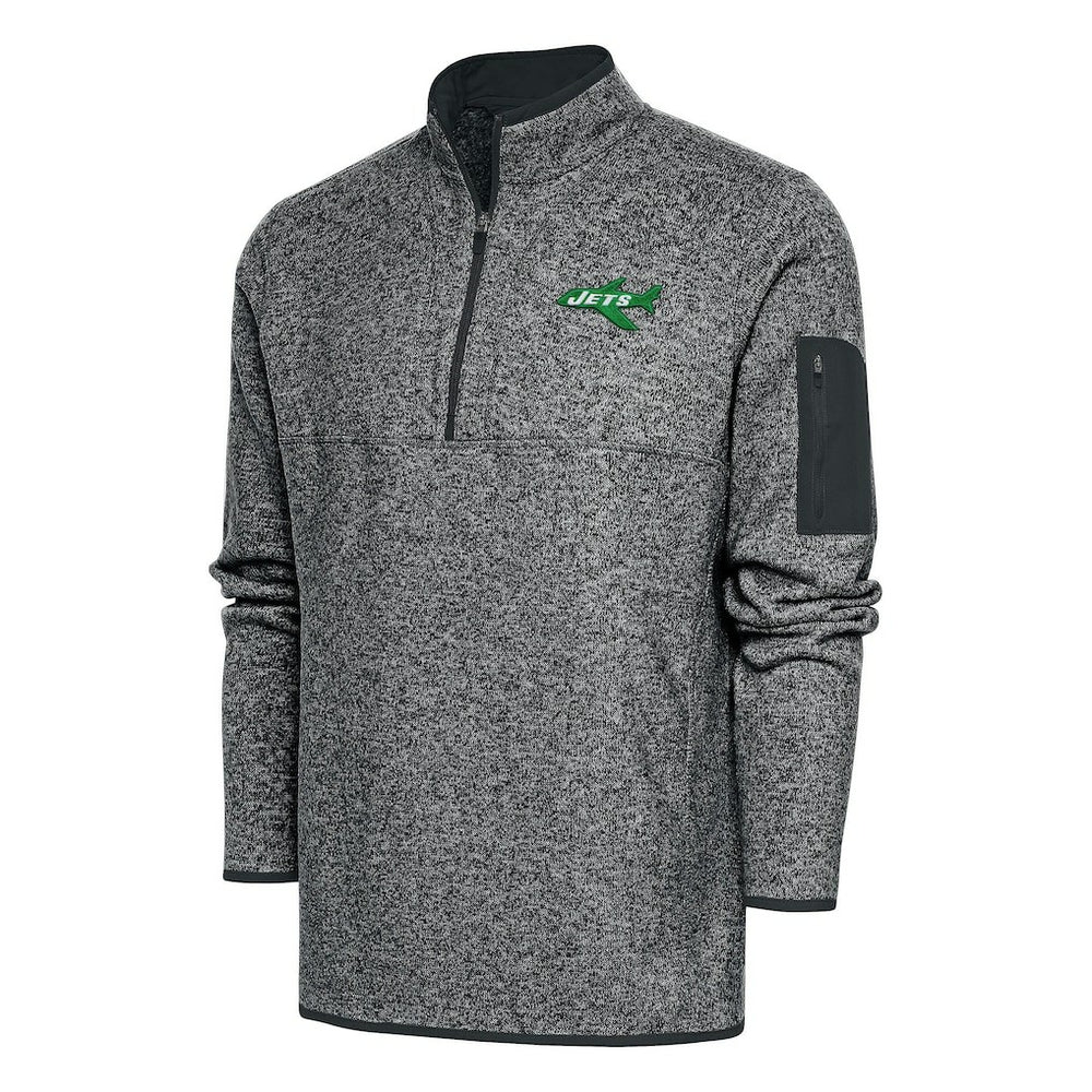 New York Jets Antigua Throwback Fortune Quarter-Zip Pullover Jacket Heather Charcoal