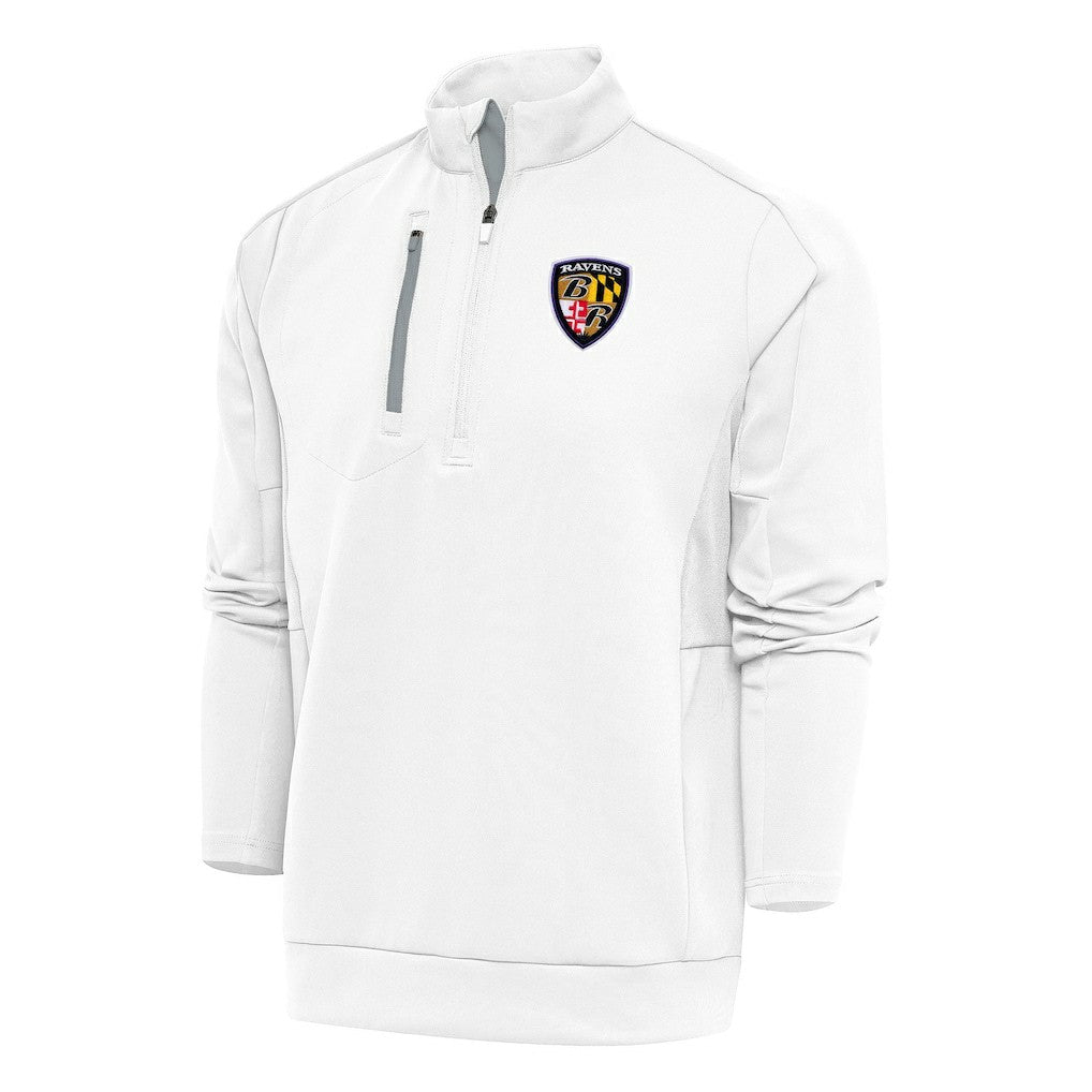 Baltimore Ravens Antigua Team Logo Throwback Generation Quarter-Zip Pullover Top White