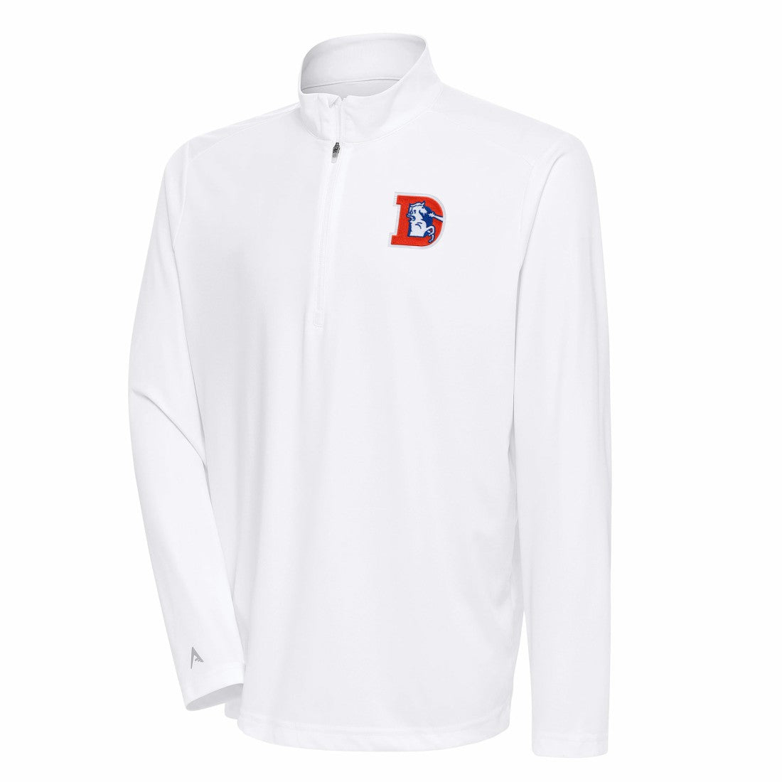 Denver Broncos Antigua Team Logo Throwback Tribute Quarter-Zip Pullover Top White