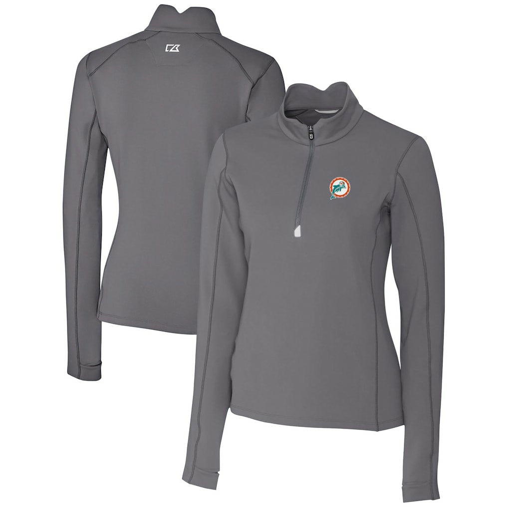 Miami Dolphins Cutter & Buck Women's Throwback Logo Traverse Stretch Quarter-Zip Pullover Top Steel