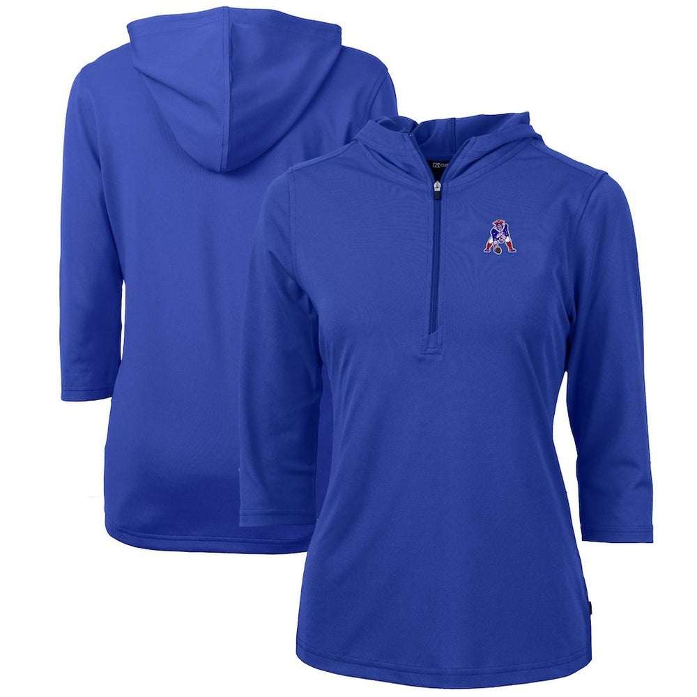 New England Patriots Cutter & Buck Women's Throwback Logo Virtue Eco Pique 3/4 Sleeve Half-Zip Pullover Hoodie Royal