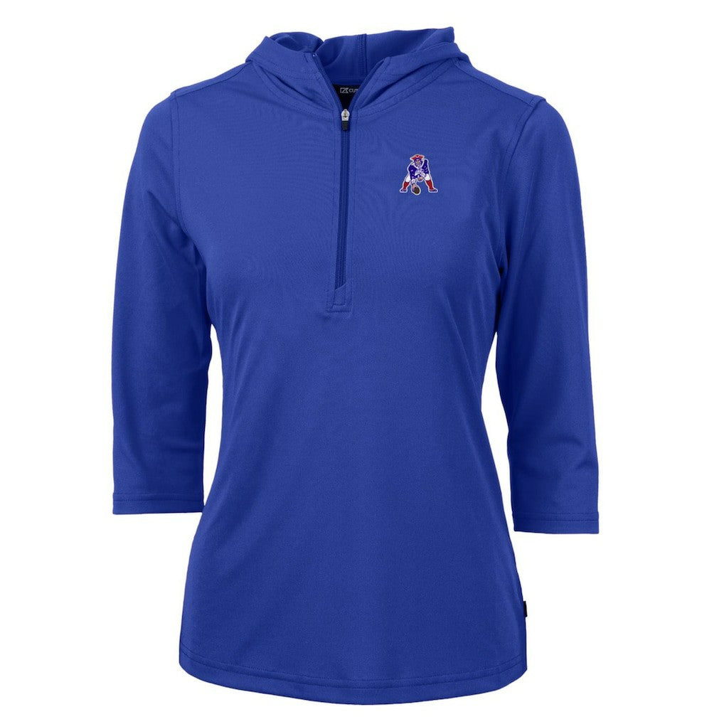 New England Patriots Cutter & Buck Women's Throwback Logo Virtue Eco Pique 3/4 Sleeve Half-Zip Pullover Hoodie Royal