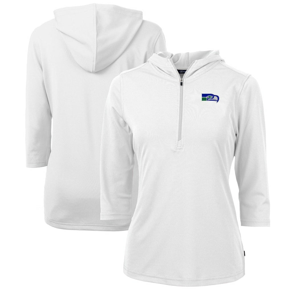 Seattle Seahawks Cutter & Buck Women's Throwback Logo Virtue Eco Pique 3/4 Sleeve Half-Zip Pullover Hoodie White