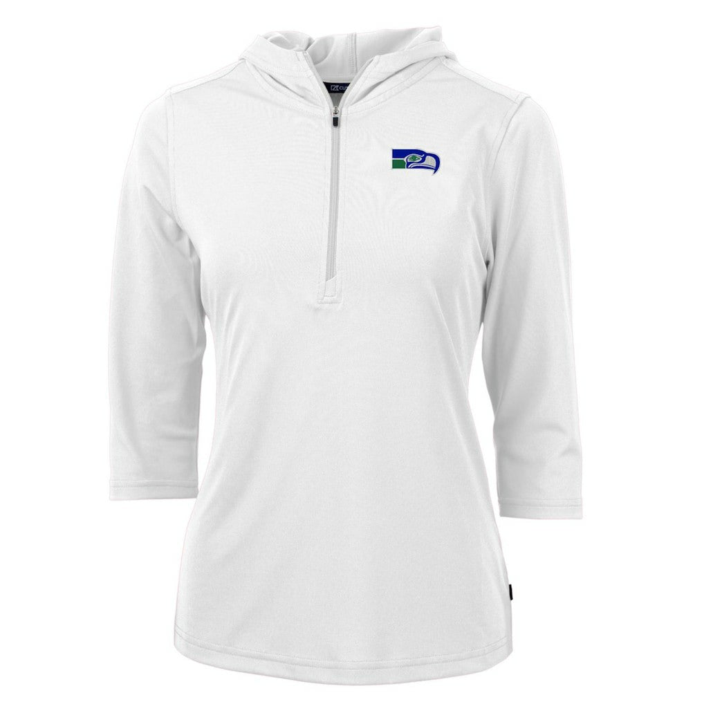 Seattle Seahawks Cutter & Buck Women's Throwback Logo Virtue Eco Pique 3/4 Sleeve Half-Zip Pullover Hoodie White