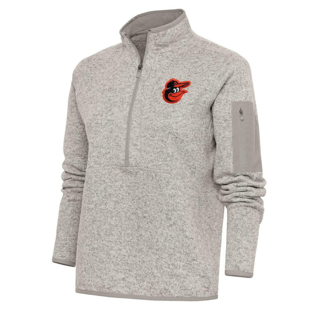 Baltimore Orioles Antigua Women's Logo Fortune Quarter-Zip Pullover Jacket - Oatmeal - MLB Discount