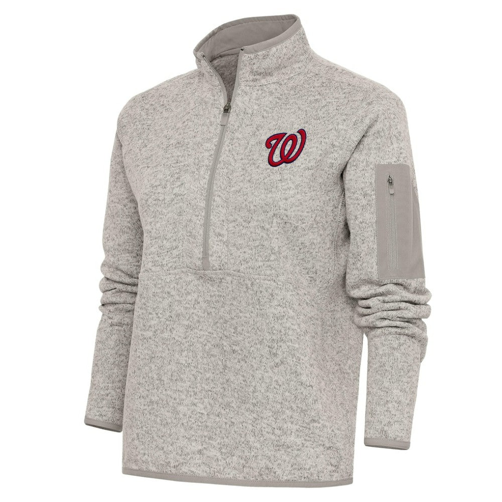 Washington Nationals Antigua Women's Logo Fortune Quarter-Zip Pullover Jacket - Oatmeal - MLB Discount