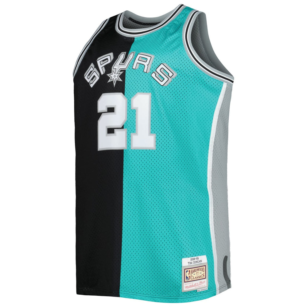 Tim Duncan San Antonio Spurs Big & Tall Hardwood Classics 1998/99 Split Swingman Jersey Black/Teal | Mitchell & Ness online