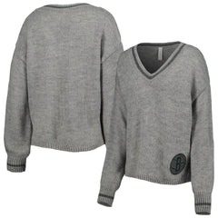 Brooklyn Nets Lusso Women's Scarletts Lantern Sleeve Tri-Blend V-Neck Pullover Sweater Gray