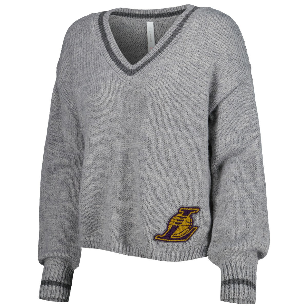 Los Angeles Lakers Lusso Women's Scarletts Lantern Sleeve Tri-Blend V-Neck Pullover Sweater Gray