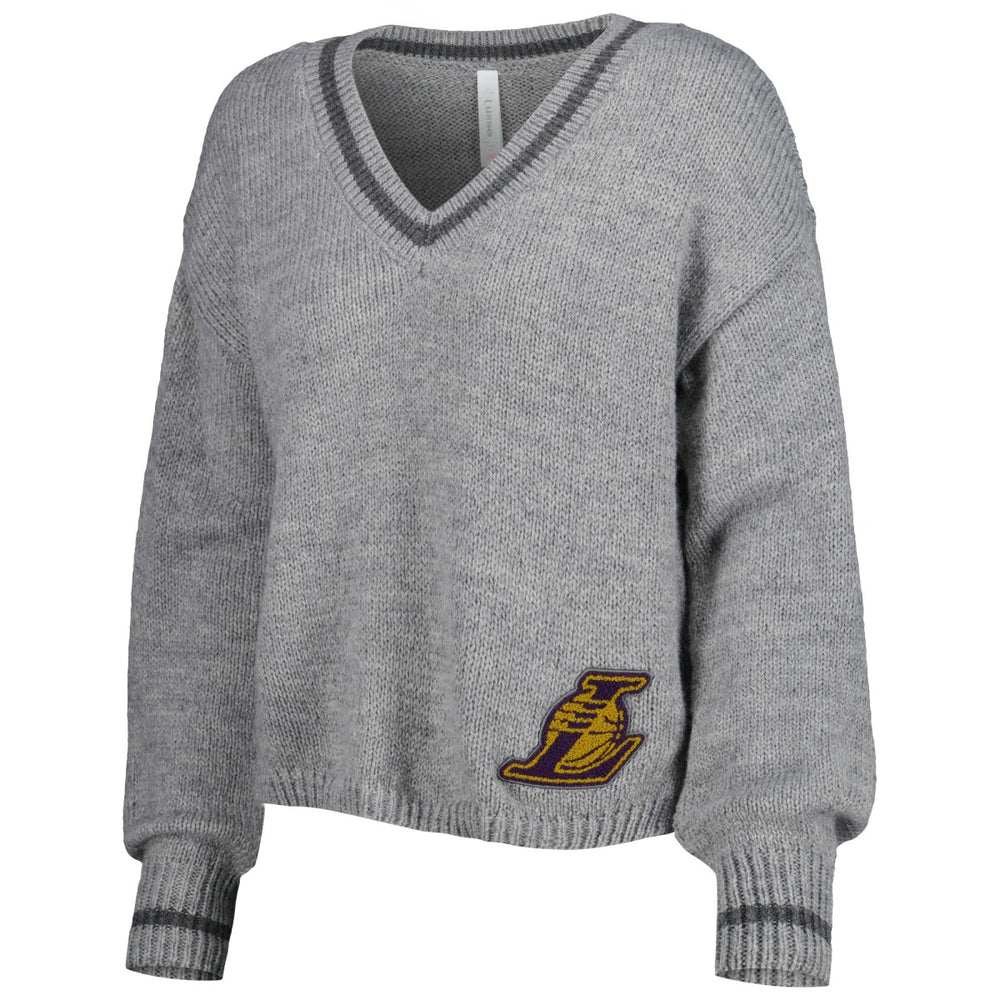 Los Angeles Lakers Lusso Women's Scarletts Lantern Sleeve Tri-Blend V-Neck Pullover Sweater Gray