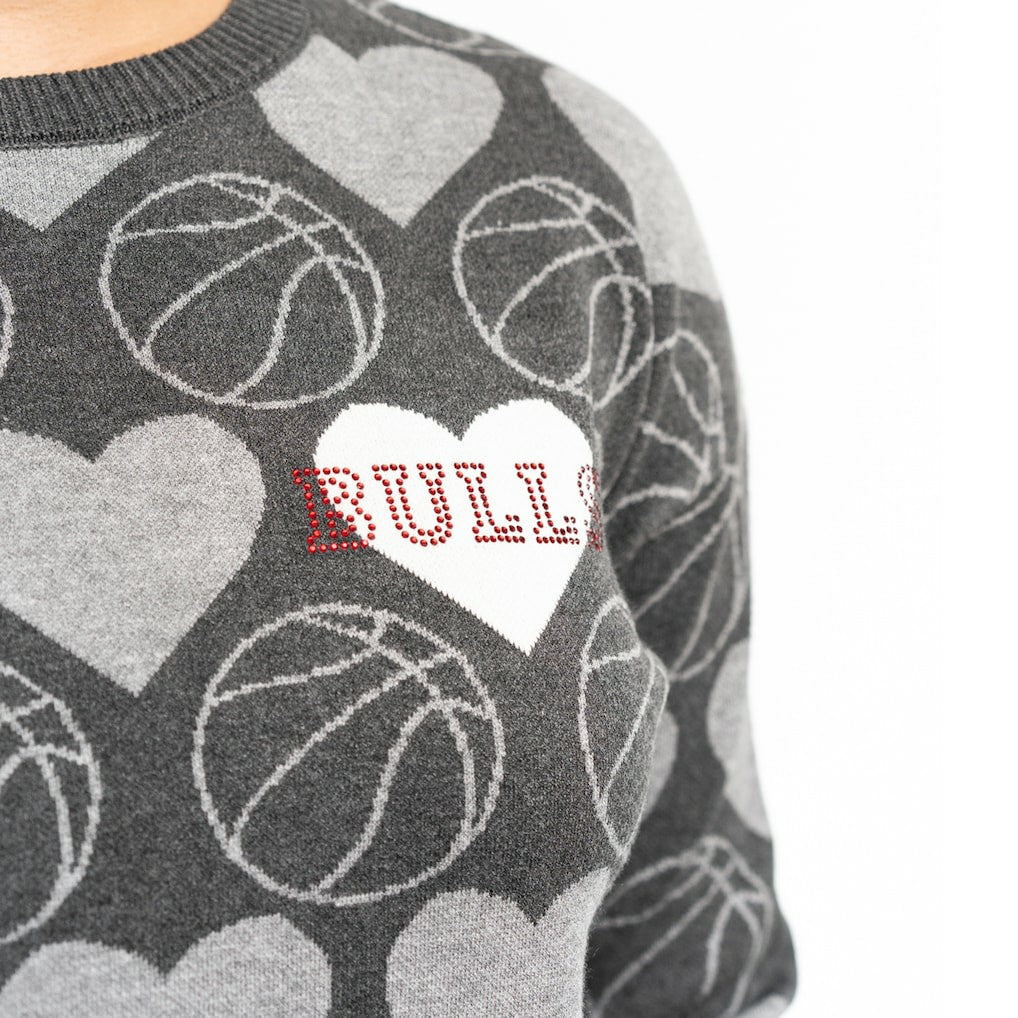 Chicago Bulls Lusso Women's Basketball Love Swarovski Crystal Intarsia Pullover Sweater Charcoal