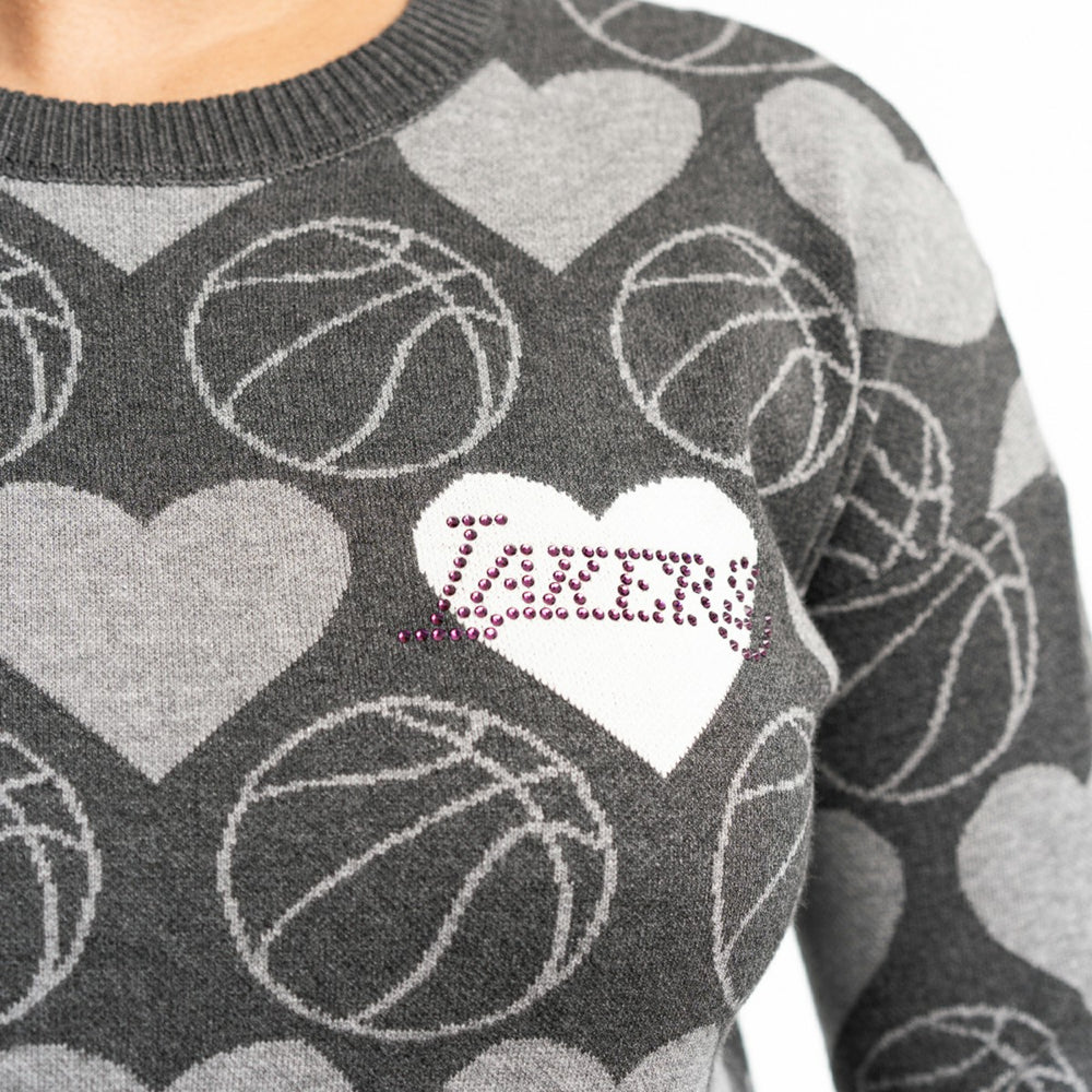 Los Angeles Lakers Lusso Women's Basketball Love Swarovski Crystal Intarsia Pullover Sweater Charcoal