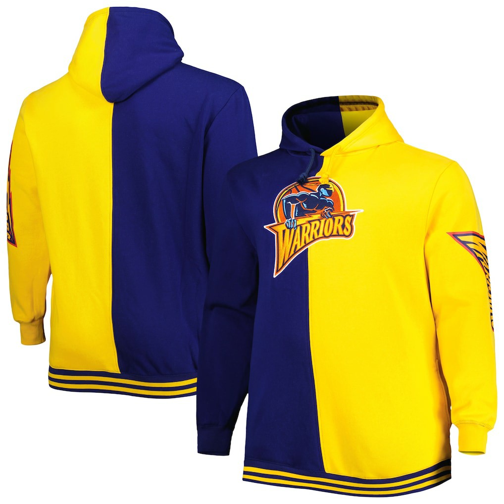 Golden State Warriors Big & Tall Hardwood Classics Split Pullover Hoodie for sale Navy/Gold | Mitchell & Ness discount