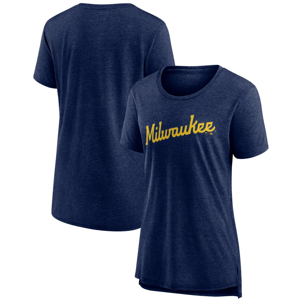 Milwaukee Brewers Women's Official Wordmark Tri-Blend T-Shirt - Heather Navy - MLB on Sale