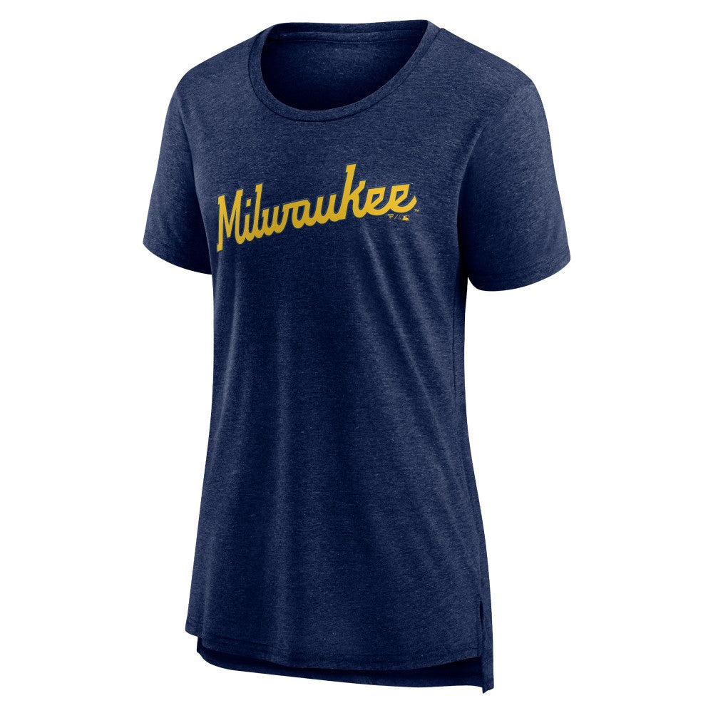 Milwaukee Brewers Women's Official Wordmark Tri-Blend T-Shirt - Heather Navy - MLB on Sale