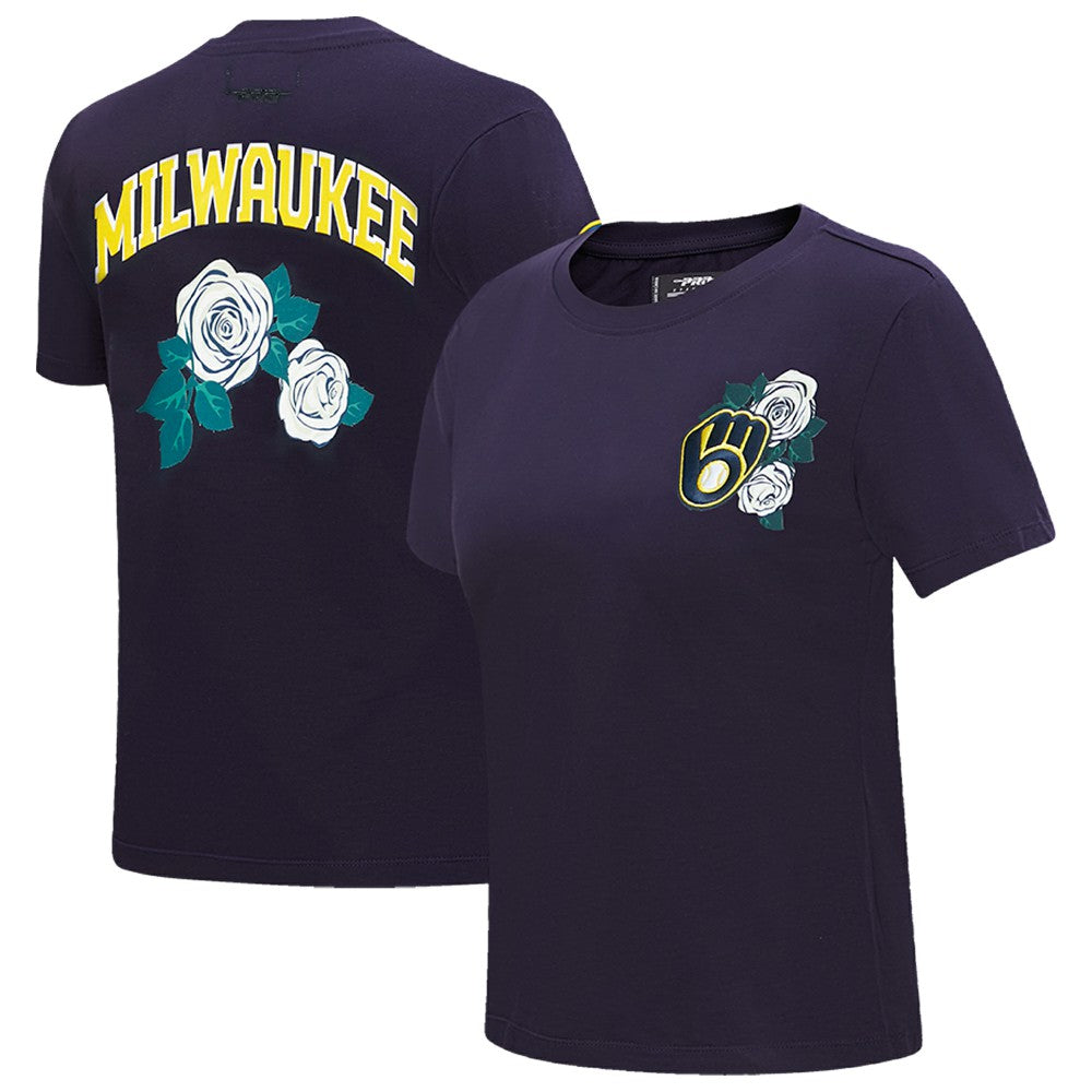 Milwaukee Brewers Pro Standard Women's Roses Fitted T-Shirt - Navy - MLB on Sale