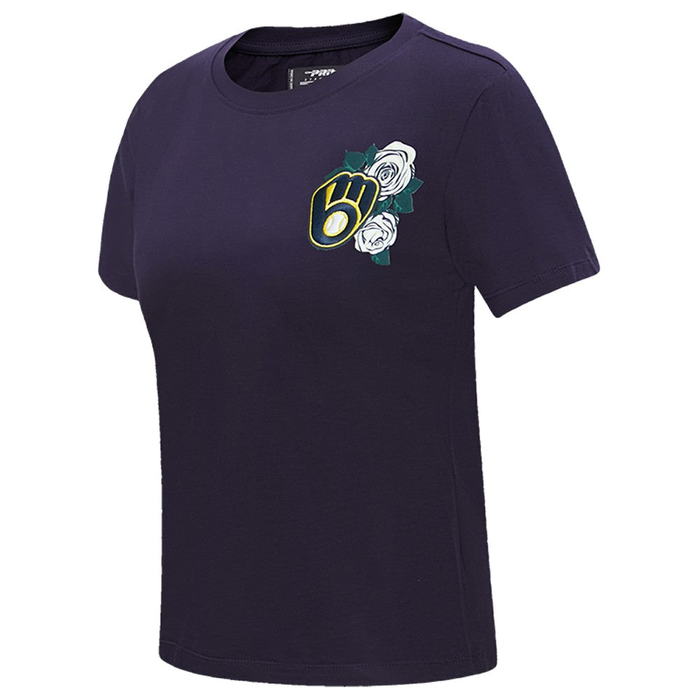Milwaukee Brewers Pro Standard Women's Roses Fitted T-Shirt - Navy - MLB on Sale