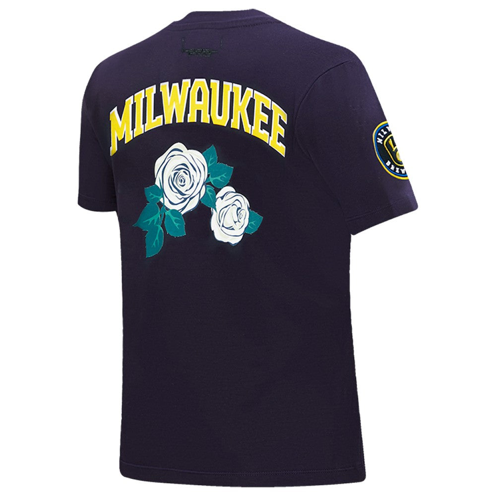 Milwaukee Brewers Pro Standard Women's Roses Fitted T-Shirt - Navy - MLB on Sale