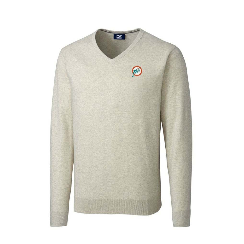 Miami Dolphins Cutter & Buck Throwback Logo Lakemont Tri-Blend Big & Tall V-Neck Pullover Sweater Oatmeal