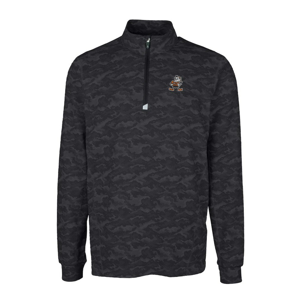 Cleveland Browns Cutter & Buck Throwback Logo Big & Tall Traverse Camo Print Stretch Quarter-Zip Pullover Top Black