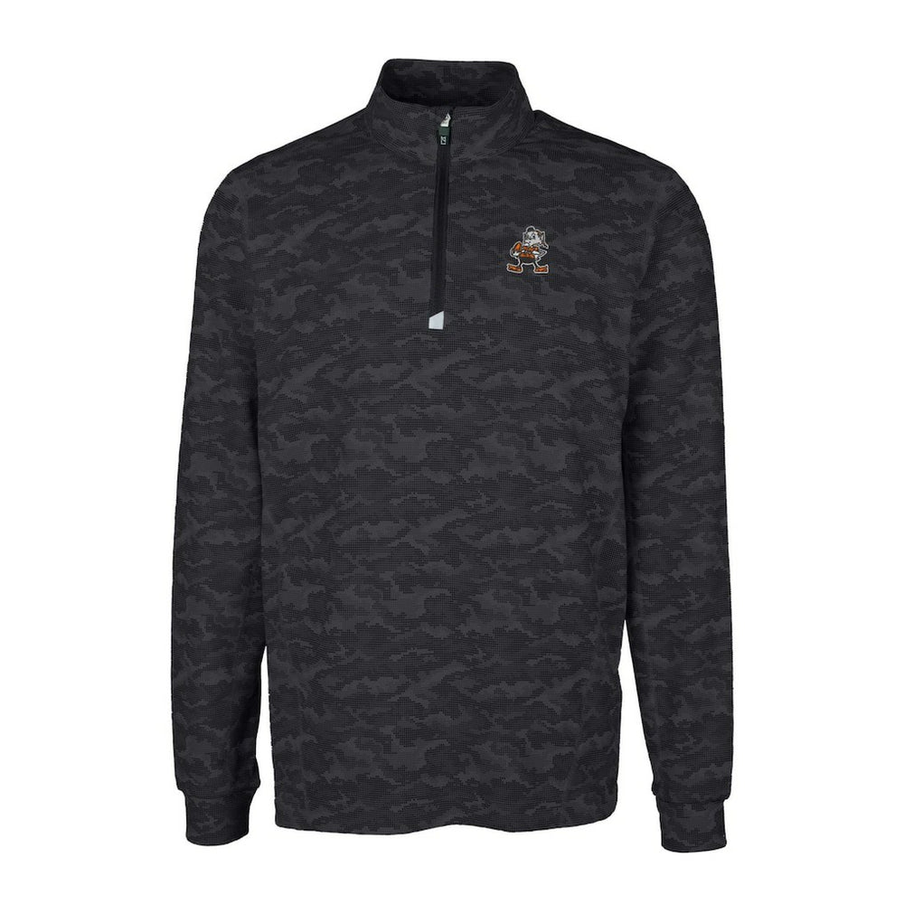 Cleveland Browns Cutter & Buck Throwback Logo Big & Tall Traverse Camo Print Stretch Quarter-Zip Pullover Top Black