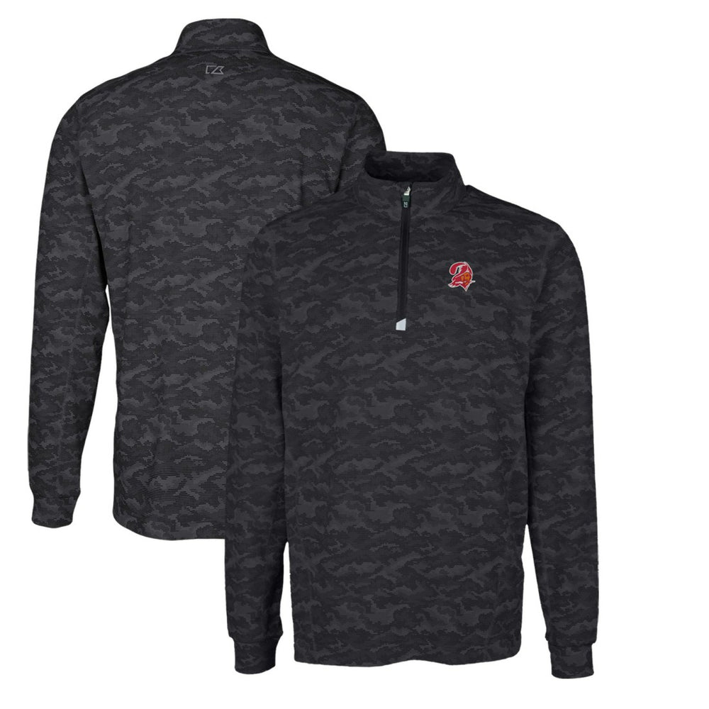 Tampa Bay Buccaneers Cutter & Buck Throwback Logo Big & Tall Traverse Camo Print Stretch Quarter-Zip Pullover Top Black