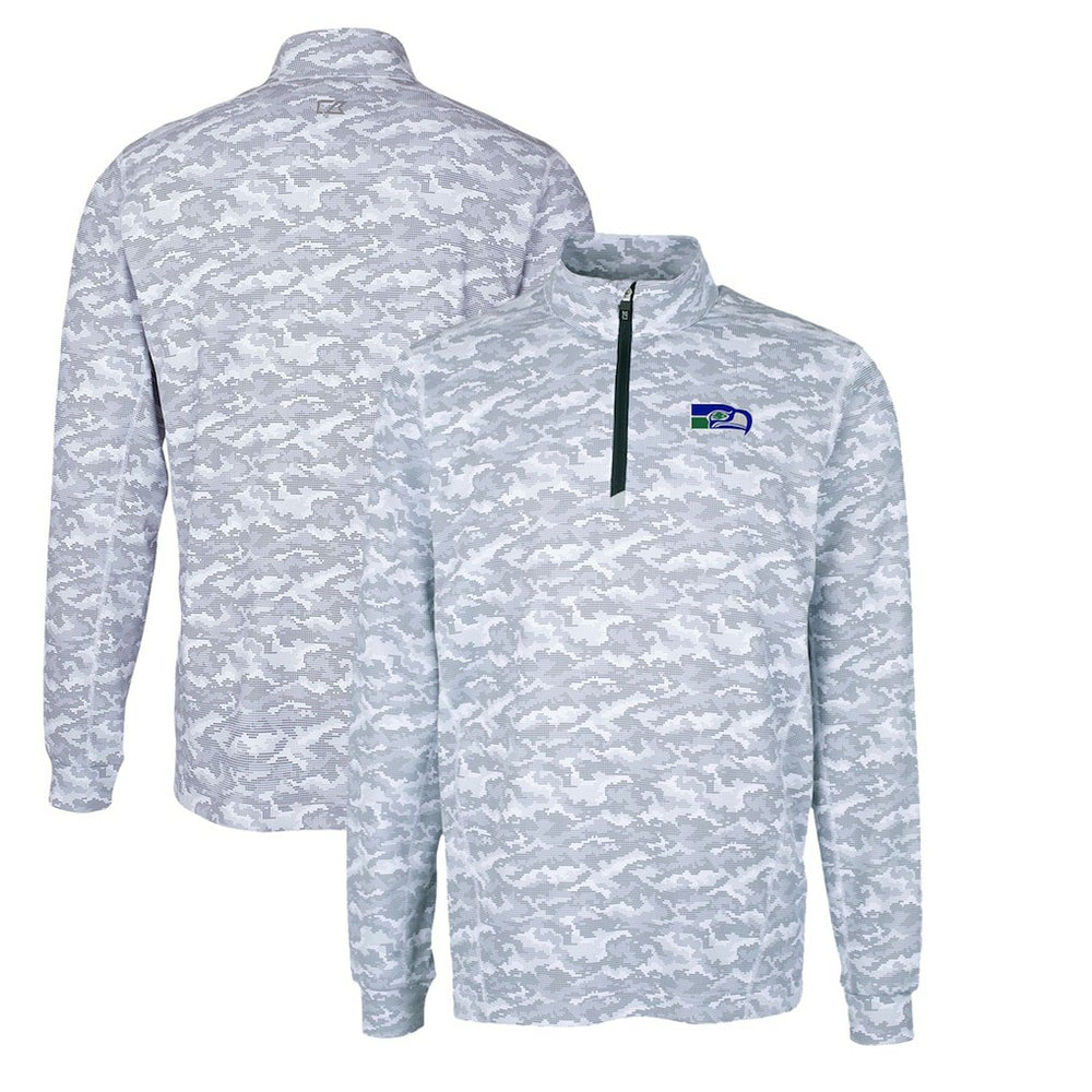 Seattle Seahawks Cutter & Buck Throwback Logo Big & Tall Traverse Camo Print Stretch Quarter-Zip Pullover Top Charcoal
