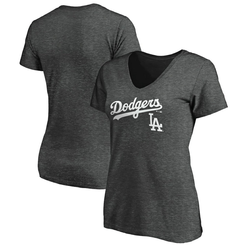 Los Angeles Dodgers Women's Team Lockup V-Neck T-Shirt - Charcoal - MLB Sale