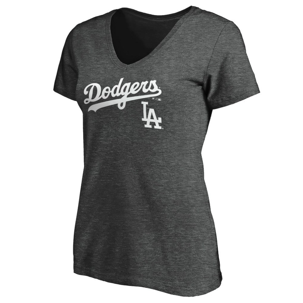 Los Angeles Dodgers Women's Team Lockup V-Neck T-Shirt - Charcoal - MLB Sale