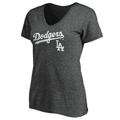 Los Angeles Dodgers Women's Team Lockup V-Neck T-Shirt - Charcoal - MLB Sale