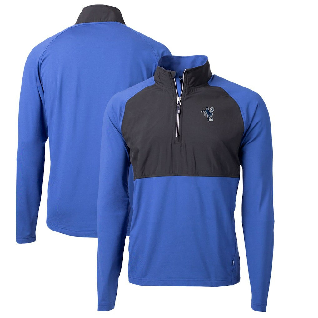 Indianapolis Colts Cutter & Buck Adapt Eco Knit Hybrid Recycled Quarter-Zip Throwback Pullover Top Royal/Black