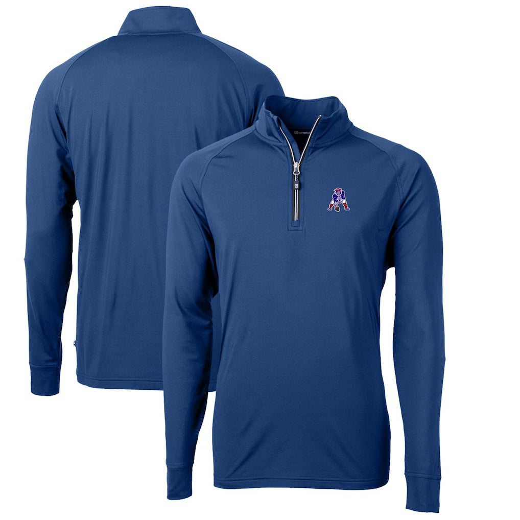 New England Patriots Cutter & Buck Adapt Eco Knit Stretch Recycled Quarter-Zip Throwback Pullover Top Royal