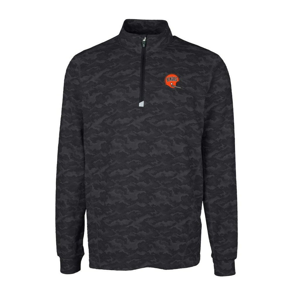 Cincinnati Bengals Cutter & Buck Throwback Logo Traverse Camo Print Stretch Quarter-Zip Pullover Top Black