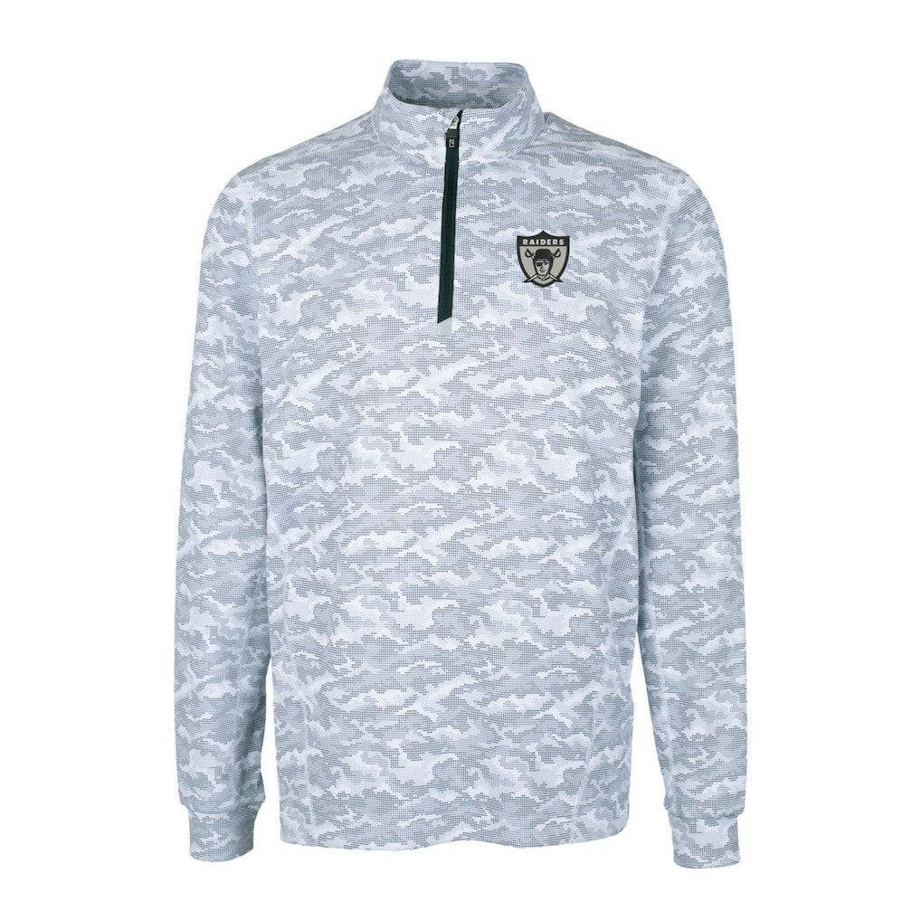 Las Vegas Raiders Cutter & Buck Throwback Logo Traverse Camo Print Stretch Quarter-Zip Pullover Top Charcoal