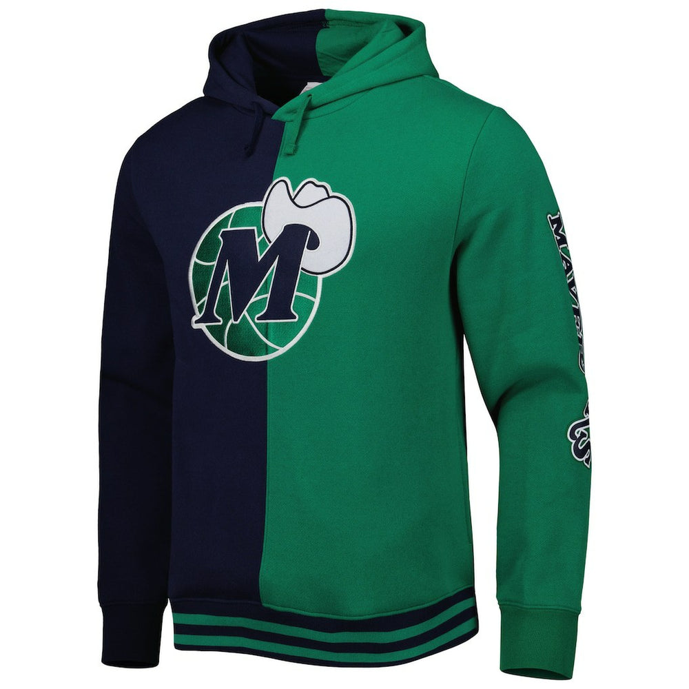 Dallas Mavericks Hardwood Classics Split Pullover Hoodie for sale Navy/Green | Mitchell & Ness Near Me