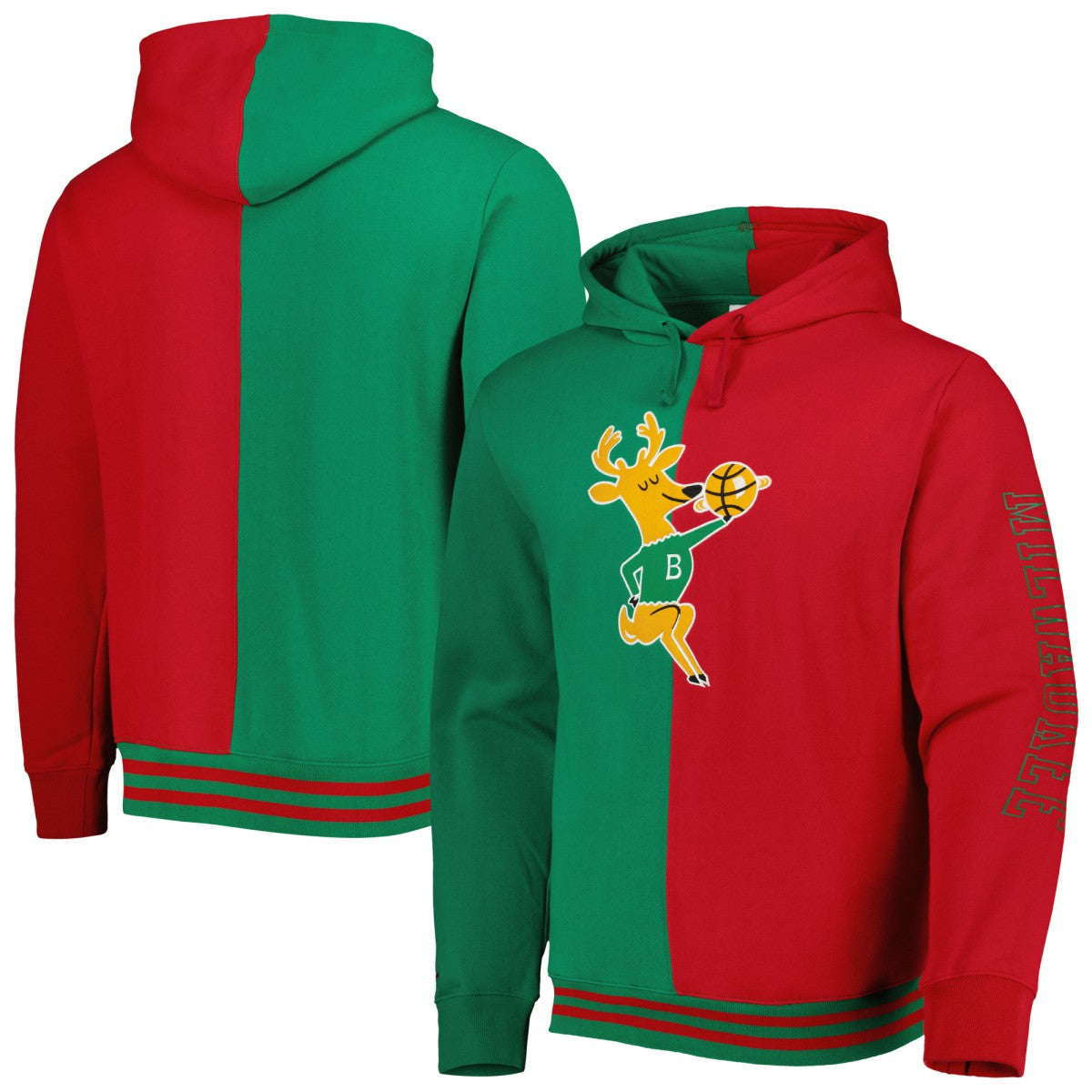 Milwaukee Bucks Hardwood Classics Split Pullover Hoodie Green/Red | Mitchell & Ness